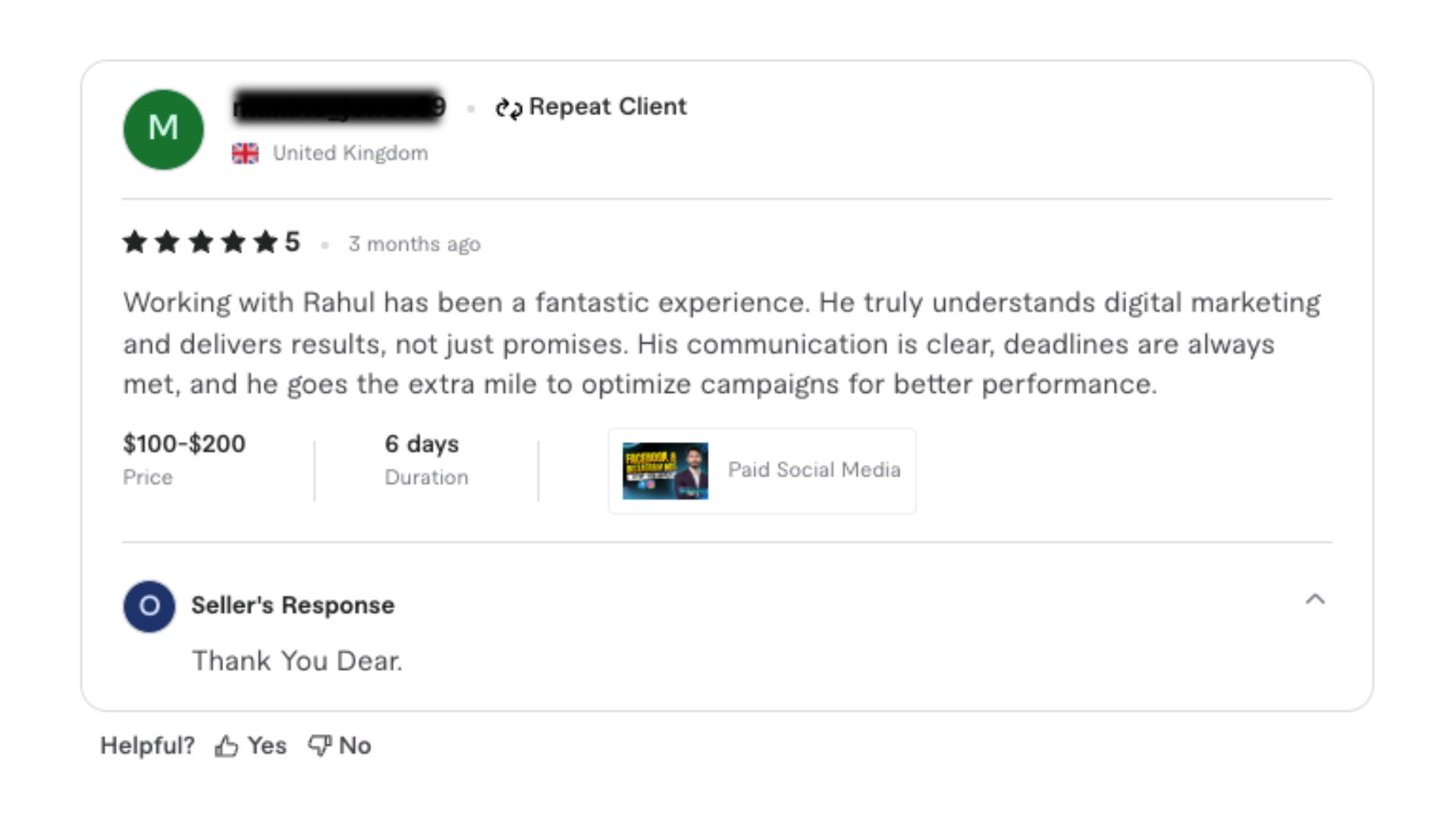 Verified Fiverr client review 1